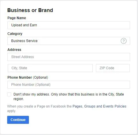 address | create faecbook page