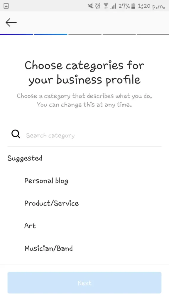 choose instagram business category | create Instagram business account