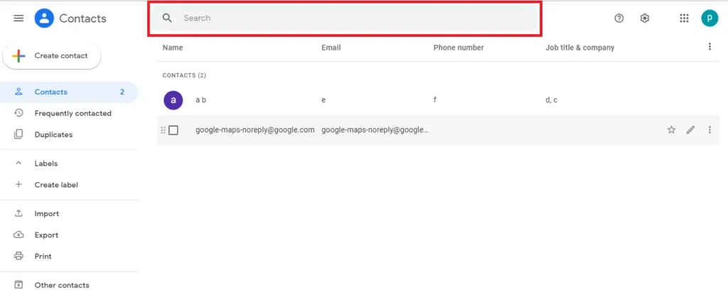 Search Field - Gmail Contacts
