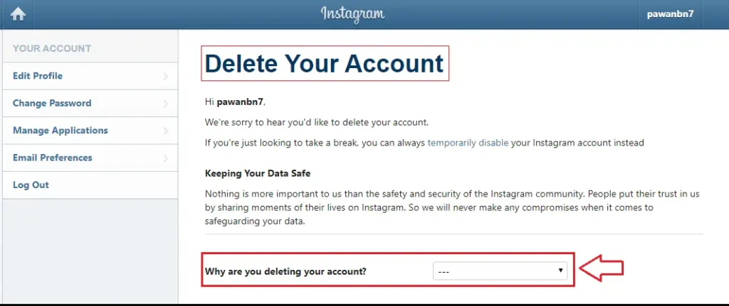deletion page - delete your Instagram account