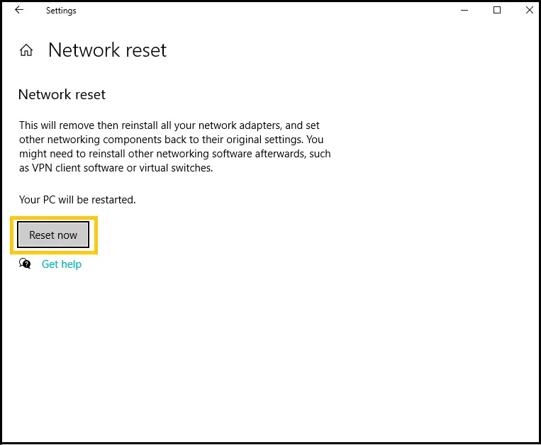 windows 10 network reset