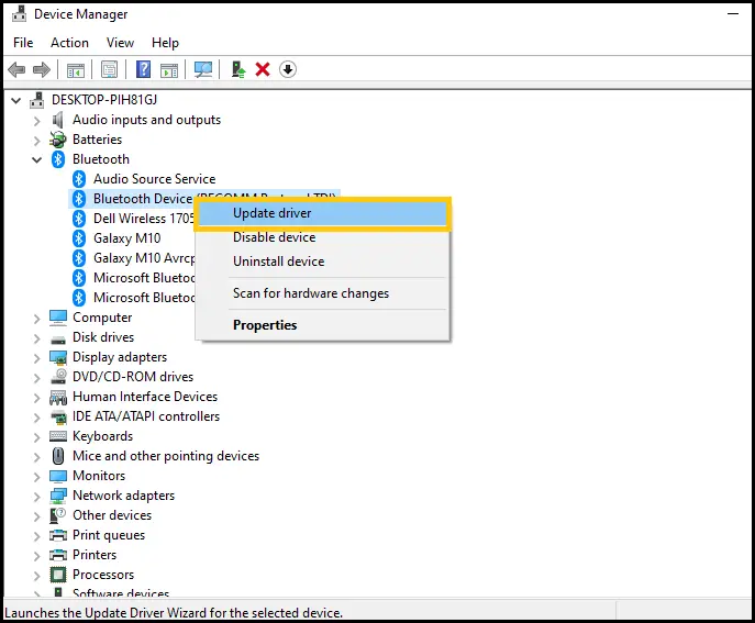 update bluetooth driver windows 10