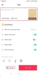 Click Post button to post tiktok videos