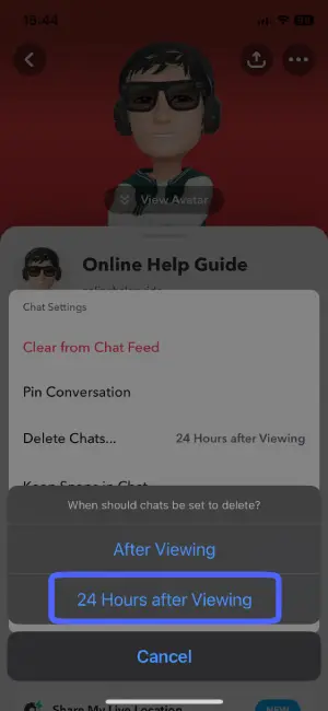 Select 24 Hours After Viewing Option | Change Text in Snapchat Cameos