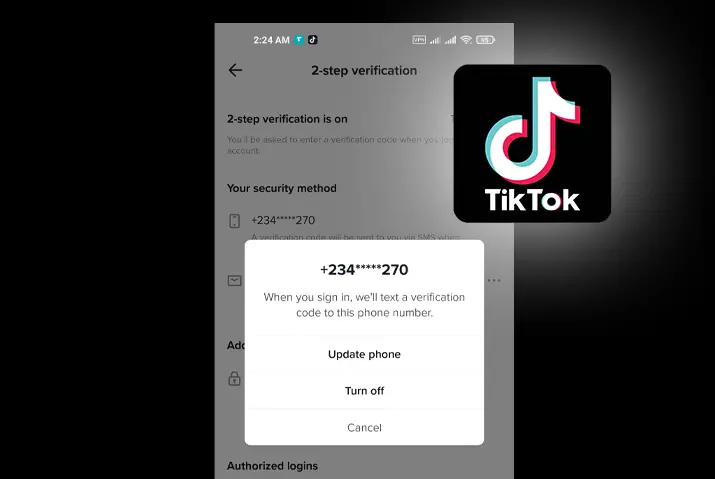 how to change phone number used for two factor authentication in Tiktok