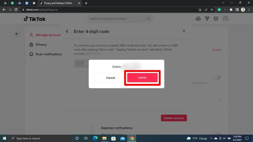 Step 10 Confirm Deletion | Delete Tiktok Account Without Phone Number