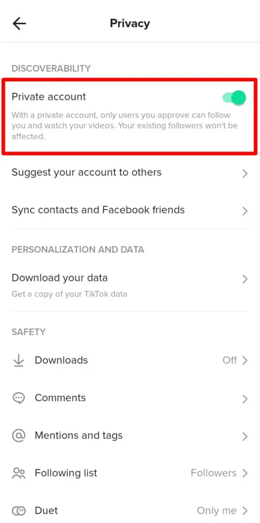 Step 5 Turn On The Private Account Option | Know Who Downloaded My TikTok Video