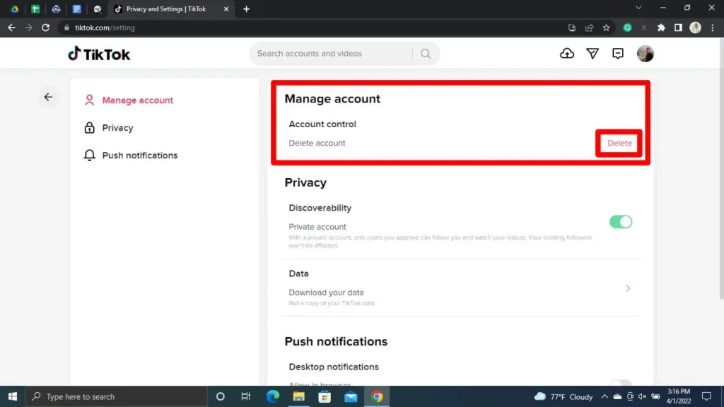 Step 6 Click Delete Account Under Manage Account | Delete Tiktok Account Without Phone Number