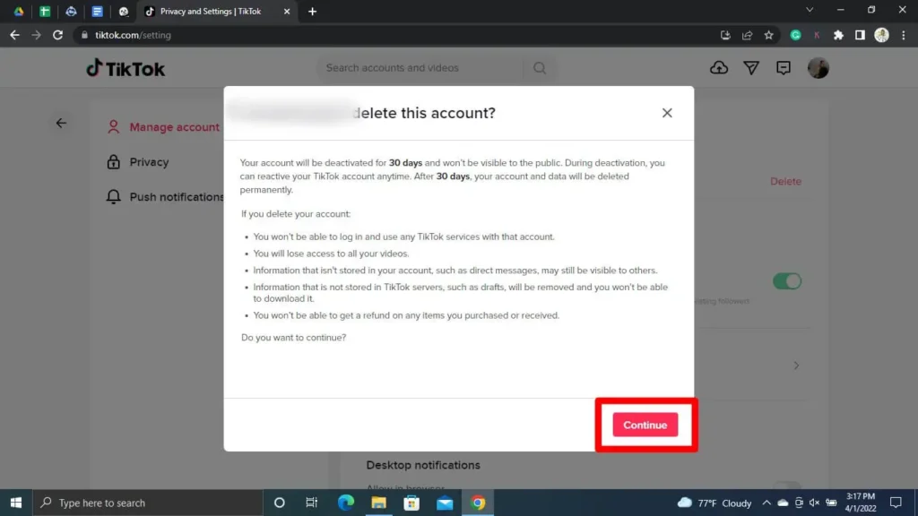 Step 7 Click Continue | Delete Tiktok Account Without Phone Number