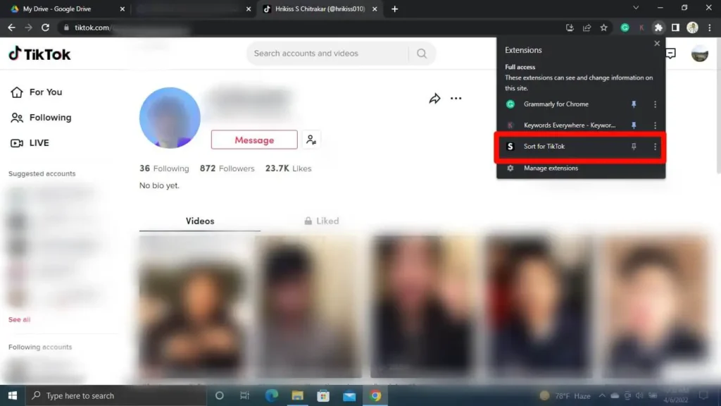 Step 8 Click The Sort For TikTok Extension | See A TikTok Account's Most Viewed/Liked/Shared Video