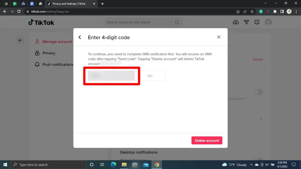 Step 8 Input The Verification Code | Delete Tiktok Account Without Phone Number