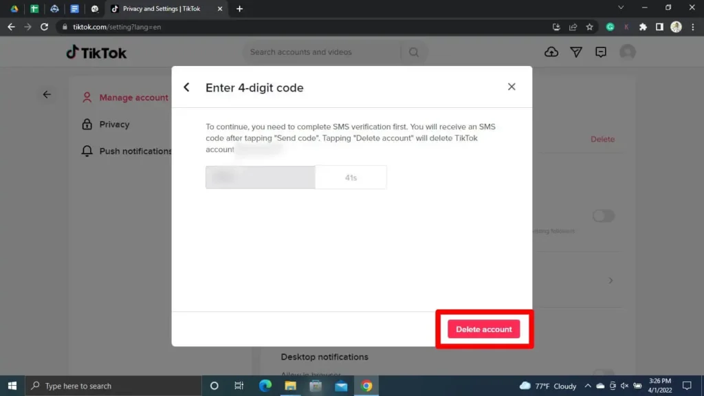 Step 9 Click Delete Account | Delete Tiktok Account Without Phone Number