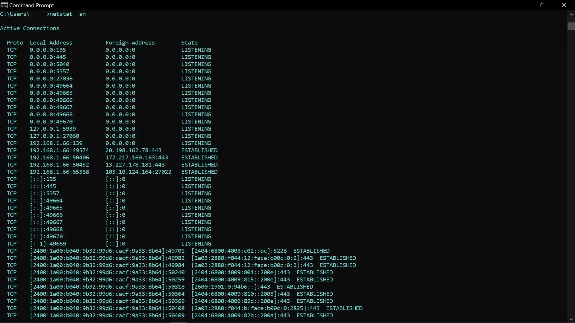 Using netstat -an command