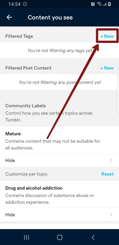 Step 6: Under the Filtered tags section, tap on the +new button in order to insert tags.