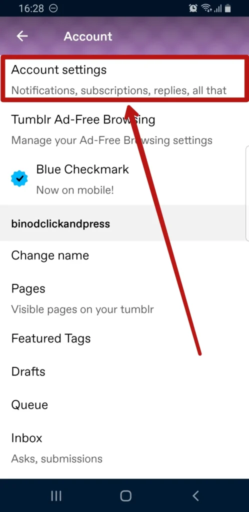 Step 5: Next, tap on Account settings. - block tag on tumblr