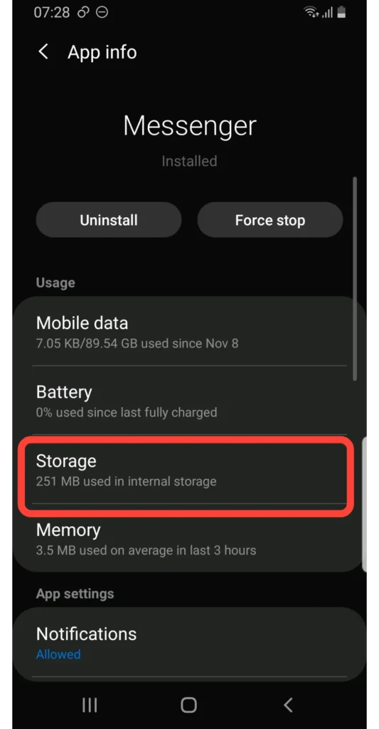 click on the Storage option