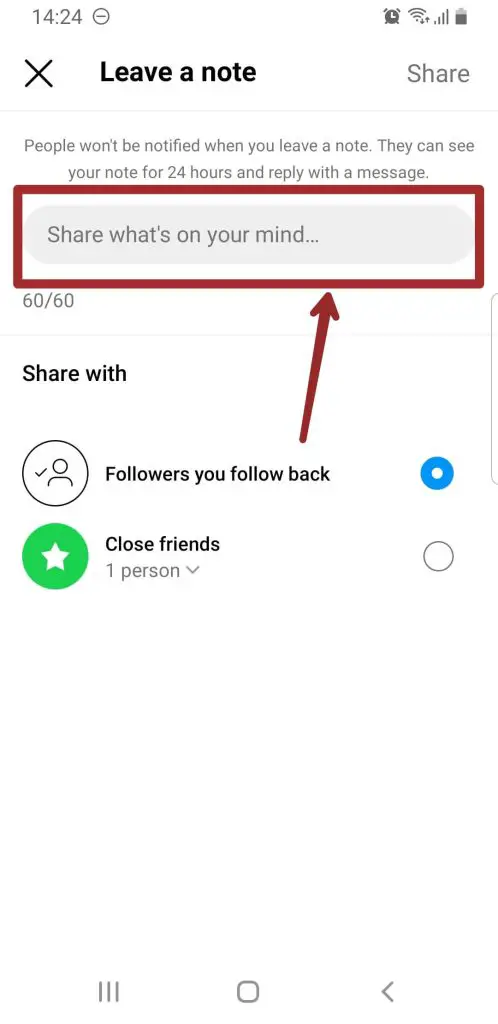 Fill in the "Share what's on your mind" box on the next screen with your note.