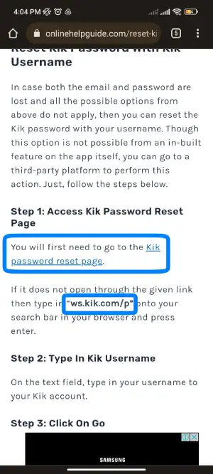 Access the Kik Password Reset Page