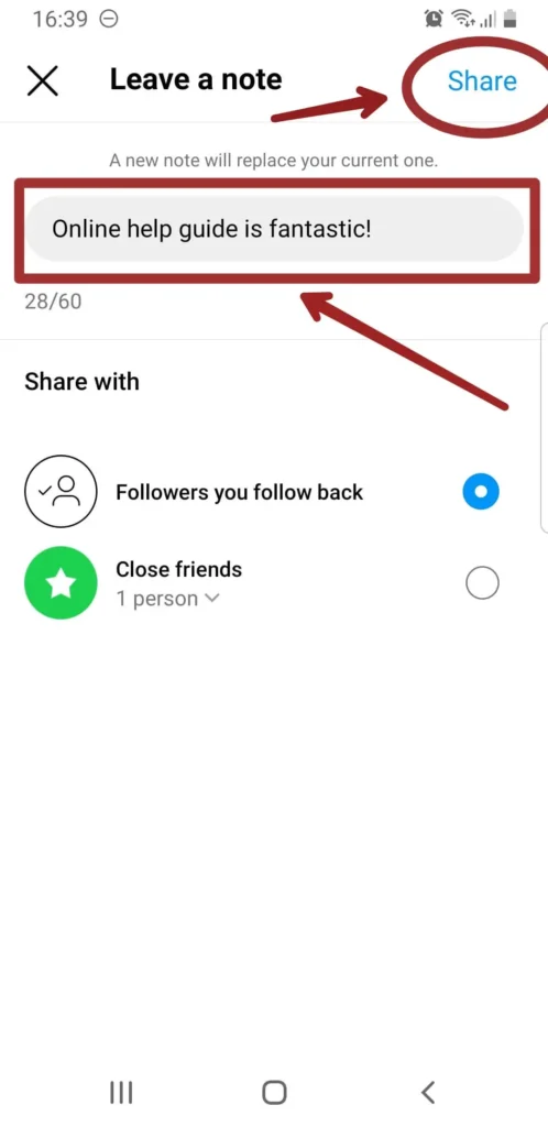 Enter your note, choose your privacy settings, and click the "Share" button.