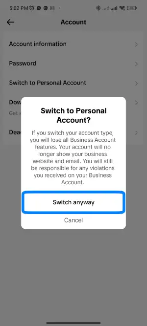 Tap On The‘ Switch Anyway’ Option