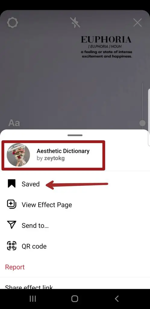There's a save icon on the left if you want to save the filter and forward it to your friends | Get A Dictionary Filter On Instagram
