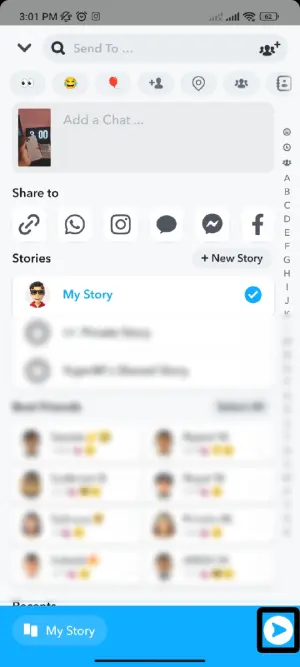 Tap on the Send icon | Snapchat Camera Roll Not Showing All Photos