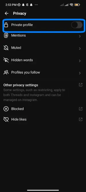 toggle the private profile -Hide Posts On Threads