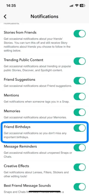 Choose "Birthday Notifications" Category