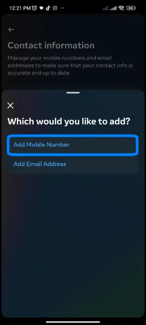 Select Add Mobile Number -Add and Change A Phone Number On Instagram