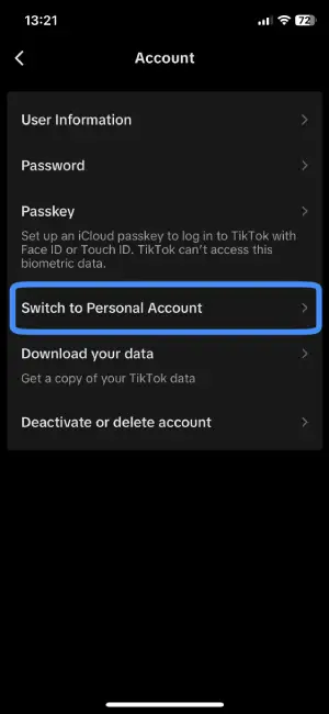 Step 5: Select “Switch To Personal Account”