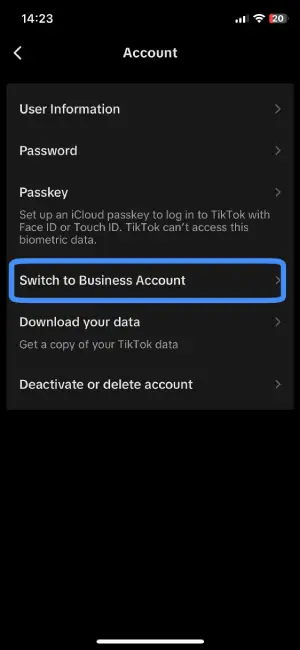 Step 5: Choose “Switch To Business Account”