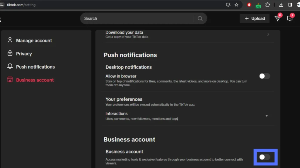 Step 5: Toggle On The “Business Account” Button